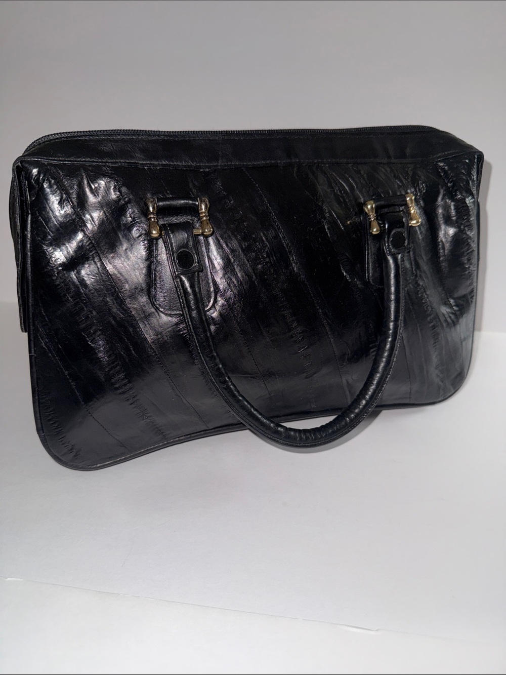 Vintage 80’s Eel Leather Accordion Satchel Gold Hardware Black